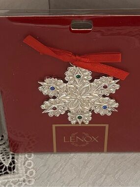 Lenox Silver Snowflake Ornament with Red Ribbon and Multi-Colored Accents